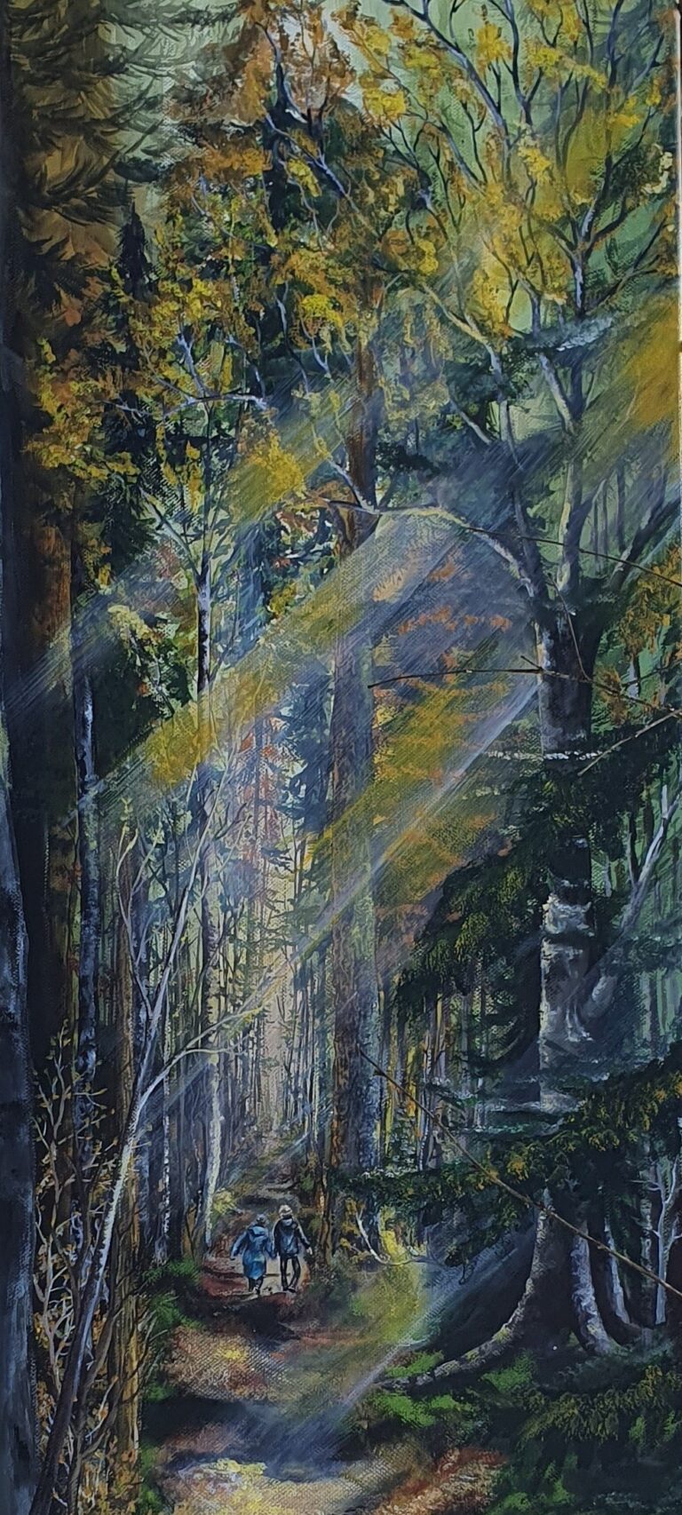 Gemälde eines Waldweges im Sonnenlicht